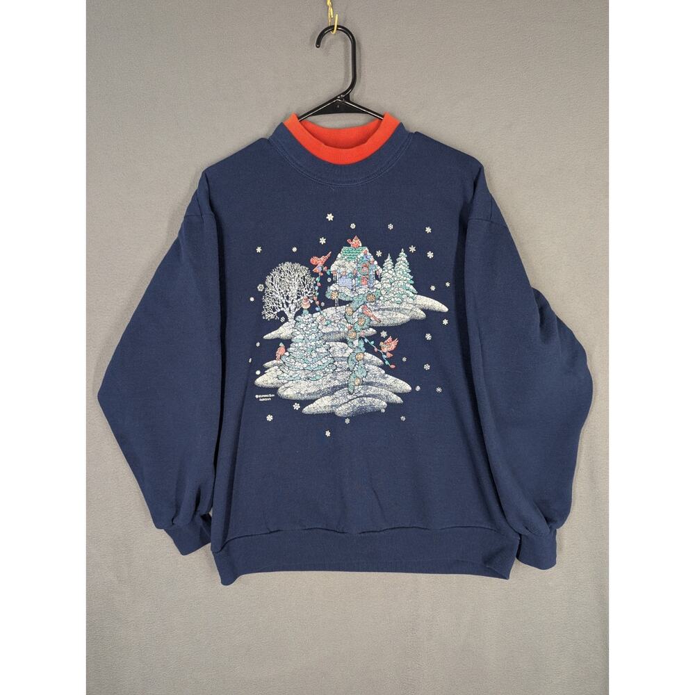VTG 90s Morning Sun Winter Bird Graphic Cardinal Sweatshirt L Blue
